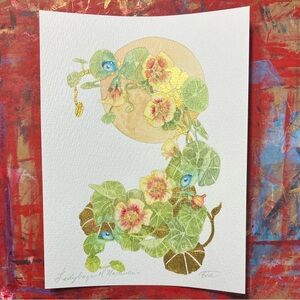Nasturtium original floral ladybug art gold accents nouveau surrealism Artettina
